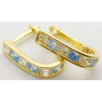 Klenoty Budín Dívčí zlaté náušnice se zirkony a blue topazy podkovy 02702