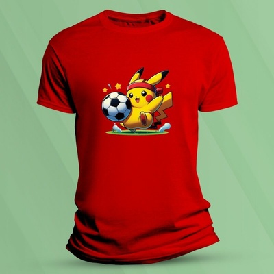Sandratex Bavlněné dětské tričko Pikachu fotbalista Červená