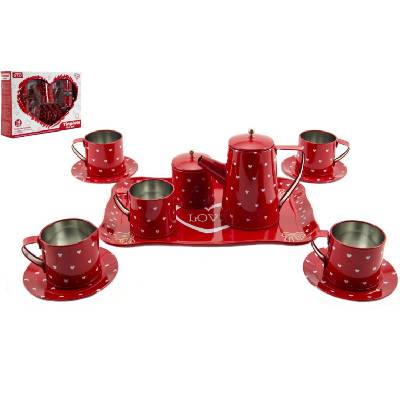 TEDDIES Tea Set Nádobí červené plechové 14ks v krabici 34x24cm