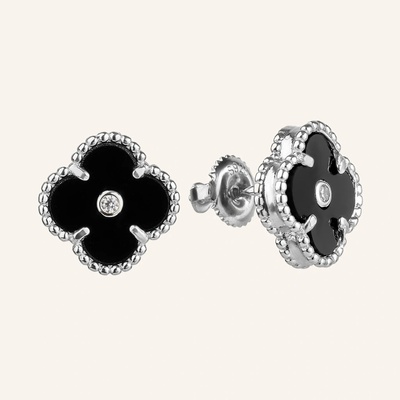 SilveAmo Strieborné náušnice pecky Onyxový štvorlístok so zirkónom CK2OF.283a
