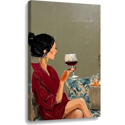 Obraz ženy s vínom na plátne – s ručne maľovanými detailmi - 60x90 cm