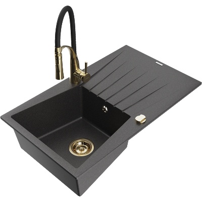Mexen Cesar еднокоморна гранитна мивка с отцедник и кухненски смесител Aster, черен с пръски - 6514-76-73450-57-G (6514-76-73450-57-G)