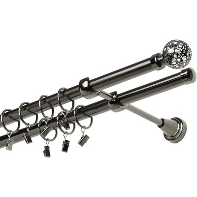 OK-GarnýžeCZ - Garnýž kovová dvouřadá 19mm Koule retro onyx 130 cm do stěny / kroužky s žabkou