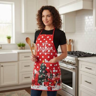 Коледна готварска престилка в червен цвят с елха