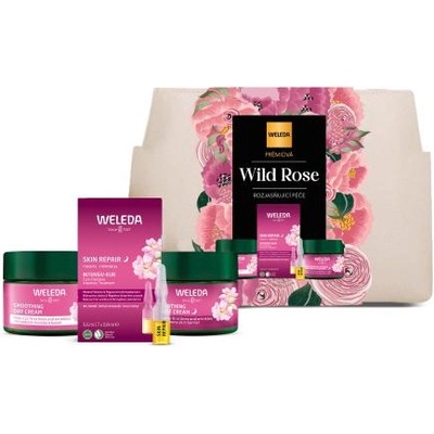 Weleda Wild Rose & White Tea Premium Brightening Care подаръчен комплект: дневен крем за лице Wild Rose & White Tea Smoothing Day Cream 40 ml + нощен крем за лице Wild Rose & White Tea Smoothing Night Cream 40 ml + нощен серум за лице Wild Rose Skin Repai