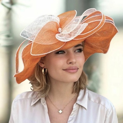 Krumlovanka Dámský sisalový slavnostní klobouk C-105 oranžovo bílý