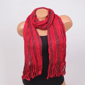 Image 1 of Стилен плетен шал на райе в червено с ламе и ресни
