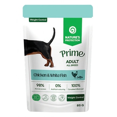 AKVATERA Nature's Protection DOG Prime Adult Dogs Weight Control All Breeds with Chicken and White Fish, пауч за пораснали кучета от всички породи - хапки в сос с пилешко месо и бяла риба, за поддържане на оптимално телесно тегло, Литва - 85 гр 210703