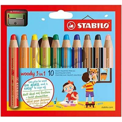 Stabilo Pastelky STABILO woody 3 v 1 barvička vodovka voskovka 10 ks + ořezávátko 446509