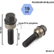 Kolový šroub M14x1,5x54 koule R14 pohyblivá, černý, klíč 19, výška 83