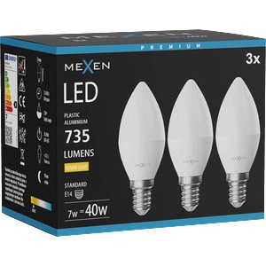 Mexen Nova 3x LED крушка E14, C37, 7W, Топла - 3000K, 735 lm - L102-E14-0730-01x03 (L102-E14-0730-01x03)
