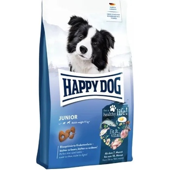 Happy Dog Fit & Vital Junior - храна за подрастващи кученца, за стабилен растеж от 7-ия до 18-ия месец, с пилешко, царевица, ориз, пръжки, сьомга, агнешко, 1 кг, Германия - 60998