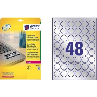 Etikety polyesterové veľmi odolné kruhové priemer 30mm Avery A4 strieborné 20 hárkov