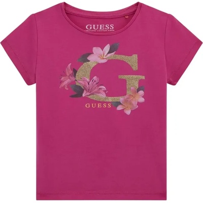 GUESS Цикламена тениска за момиче със златисто G с глитери и цветя Guess