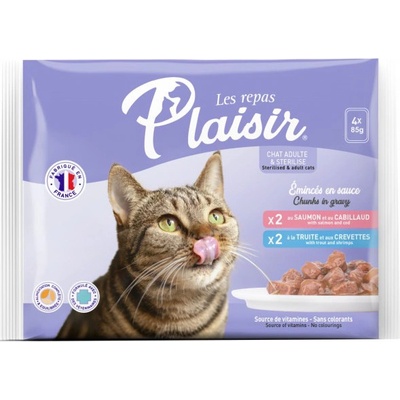 Plaisir Cat pro dospělé i kastrované kočky losos pstruh 4 x 85 g