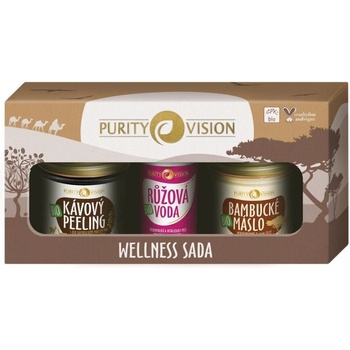 Purity Vision Wellness kávový tělový peeling 110 g + růžová voda s regeneračním účinkem 50 ml + BIO 100% bambucké máslo 120 ml dárková sada