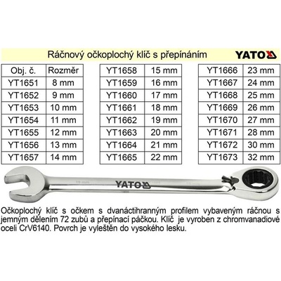 Yato Očkoplochý ráčnový klíč 23mm přepínatelný YT-1666