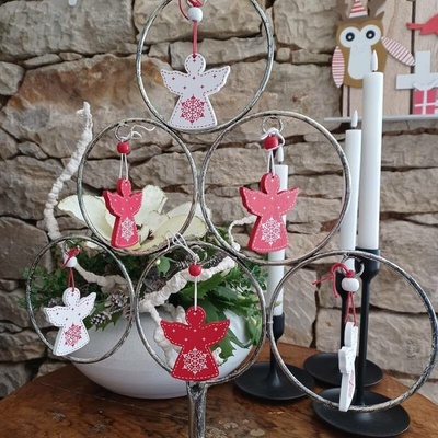 DECOLED Drevený anjel, 5x6 cm, červený a biely, 12ks/bal.