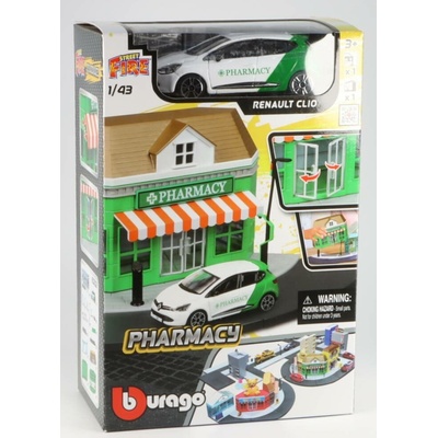 Bburago Renault Clio + Stavebnice diorama Ambulance Pharmacy stanice 1:43