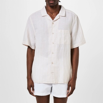 Calvin Klein Men's Linen Stripe Short-Sleeve Patterned Shirt - Stony Beige