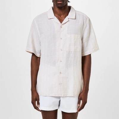 Calvin Klein Men's Linen Stripe Short-Sleeve Patterned Shirt - Stony Beige