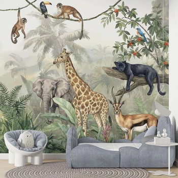 Art Gift Decor Детски фототапет джунгла с животни - лъв, жираф и маймуни
