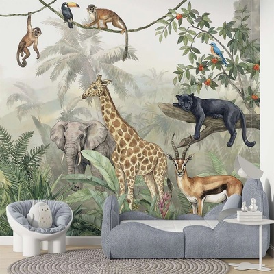 Art Gift Decor Детски фототапет джунгла с животни - лъв, жираф и маймуни