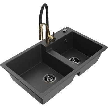 Mexen Tomas гранитна мивка с 2 отделения с кухненски кран Aster, черен на точки (6516-76-73450-57-B)
