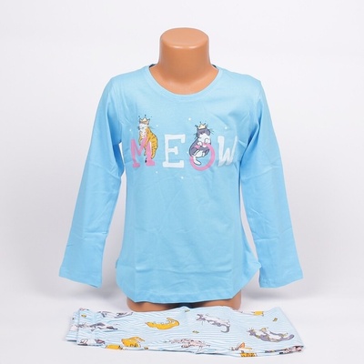 Светлосиня детска пижама с райе и котета