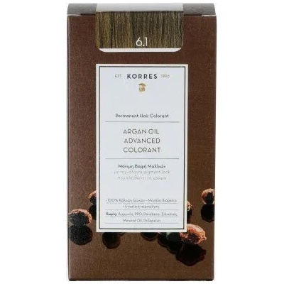 KORRES Боя за коса с технология pigment-lock с Арганово масло Тъмно русо Сантре , Korres Argan Oil Advanced Colorant 50ml Permanent Hair Colorant 6.1 Ash Dark Blonde