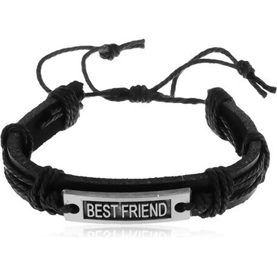 Šperky eshop černý náramek ze syntetické kůže a šňůrek ocelová známka Best Friend Z17.11