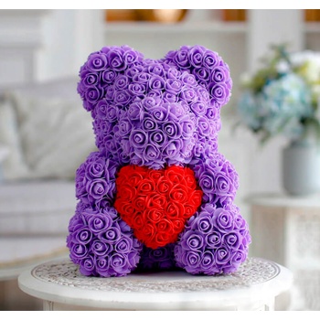 Medveď z ruží fialový s červeným srdcom – 40cm