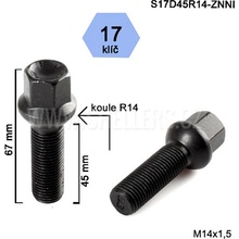 Kolový šroub M14x1,5x45 koule R14, klíč 17, S17D45R14-ZNNI; černý, výška 67