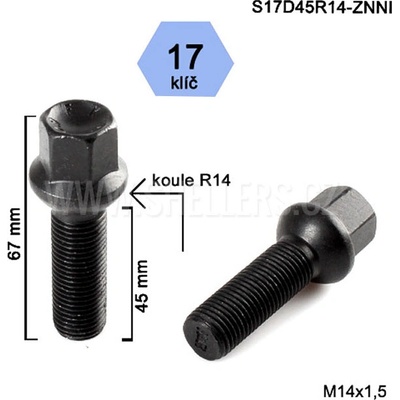 Kolový šroub M14x1,5x45 koule R14, klíč 17, S17D45R14-ZNNI; černý, výška 67