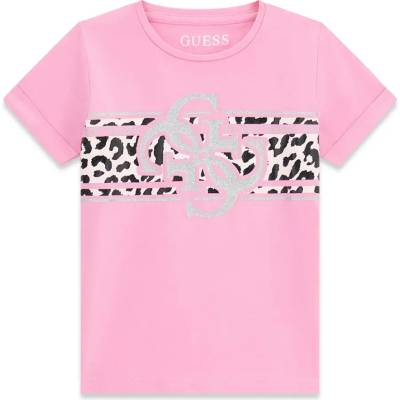 GUESS Розова тениска за мини момиче с леопардови детайли и сребристо лого Guess