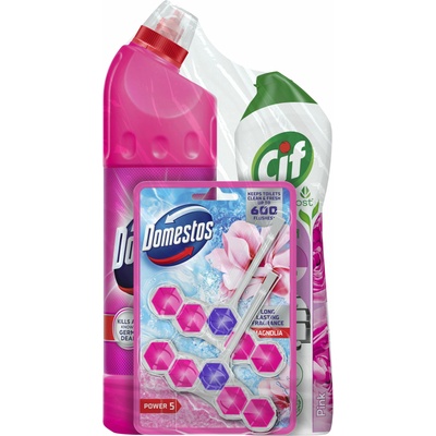 Domestos Дезинфектант Pink Fresh 750ml + Cif Pink Scrubbing Cream 500ml + Domestos Power5 Освежител за тоалетна блок Magnolia (2x55g) (64903010)