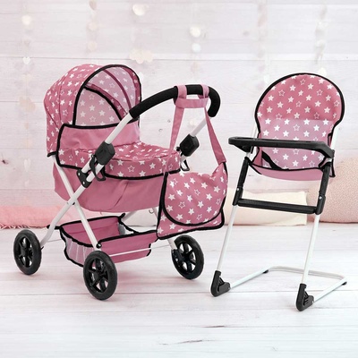 Bayer Design Количка за кукли с чанта cosy и столче за хранене розови