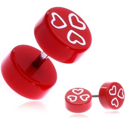 Šperky eshop akrylový fake plug s bílými srdci na červeném podkladu PC33.16