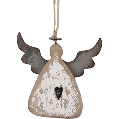 Závěsná dřevěná figurka anděl se srdíčkem Angel Rustic 10*2*10 cm Clayre & Eef
