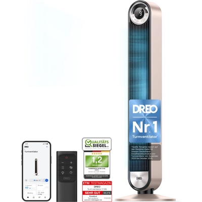 DREO 25dB Smart Quiet Tower Fan with Cooling, 106cm WiFi Alexa Tower Fan, 90° Oscillating Fan, Remote Control 9 Speed 4 Modes 12 Hour Timer Voice Control, Starlight - DR-HTF009S