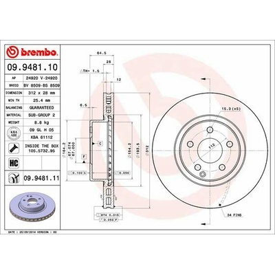 BREMBO brzdový kotúč 09.9481.11, súprava 2 ks