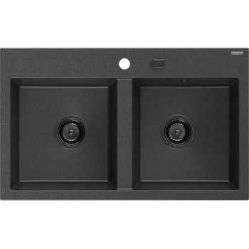 Mexen Hektor гранитна мивка с 2 отделения 800 x 480 mm, черна на петна, черен сифон - 6521802000-76-B (6521802000-76-B)