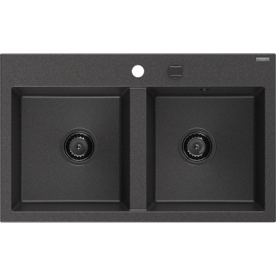 Mexen Hektor гранитна мивка с 2 отделения 800 x 480 mm, черна на петна, черен сифон - 6521802000-76-B (6521802000-76-B)