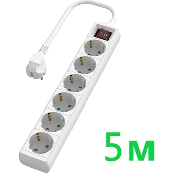 UltraLux Разклонител с 6 Шуко гнезда, с ключ, 5 метра, бял (rk65w)