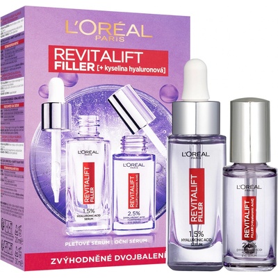 L’Oréal Paris Revitalift Filler rozjasňujúce očné sérum s kyselinou hyalurónovou 20 ml + sérum proti vráskam s kyselinou hyalurónovou 30 ml