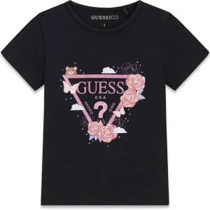 GUESS Модерна черна детска тениска Guess с блестящо лого, рози и сладко мече