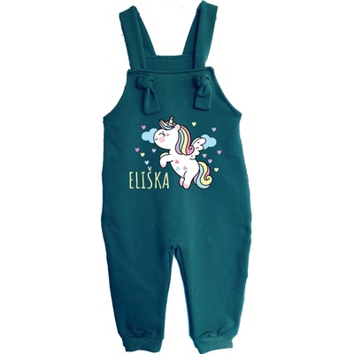 Mothylic for Kids Dětské rostoucí lacláče Jednorožec + jméno tmavě zelená