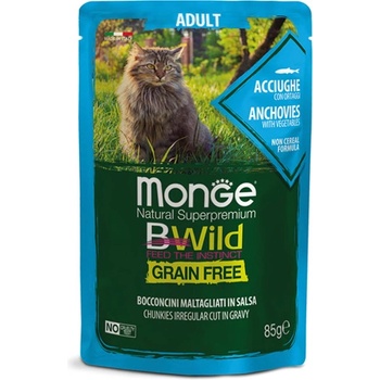 Monge Natural Superpremium BWild Grain Free Adult Cat Anchovies with vegetables - пауч на хапки в сос за котки в зряла въраст, БЕЗ ЗЪРНО, с аншоа и зеленчуци - 85 гр, Италия - 2775