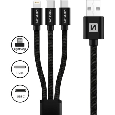 Swissten 72501103 3v1 2x USB-C (M) - Lightning (M) - USB-A (M), 60W, 3A, 1,2m, černý