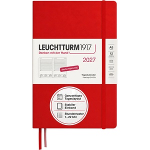 Leuchtturm1917 Daily Calendar 2027 Medium (A5) - German, Cherry, 145 x 210 mm, January-December (12 months), 1 page per day, hourly grid 7: 00-22: 00, hardcover, 80 g/m2 paper - 400159 (400159)